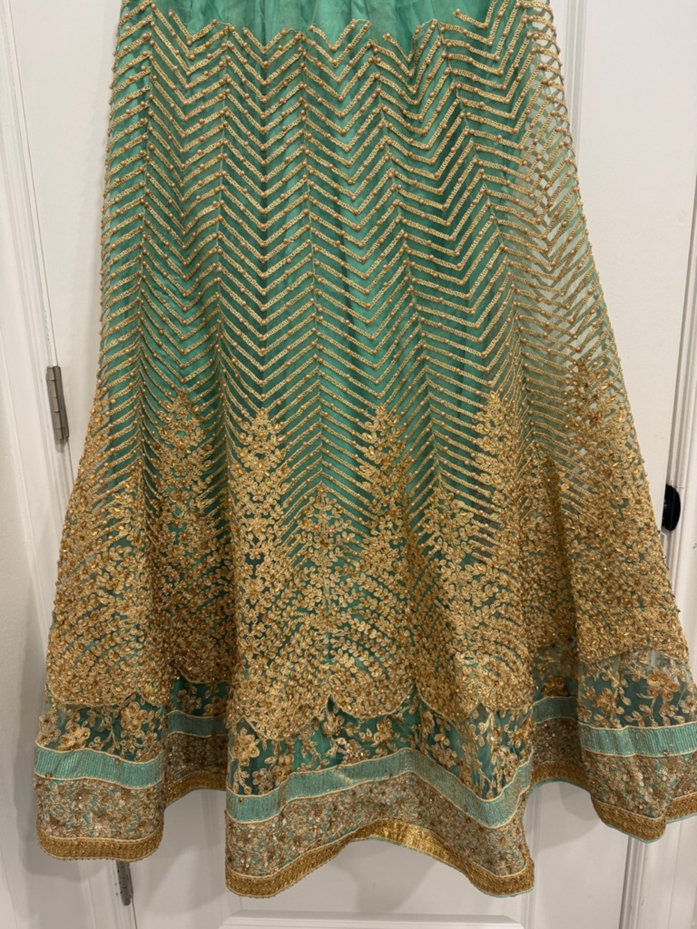 Pakistani Green and Gold Embroidered Full Skirt - Picture 4 of 8
